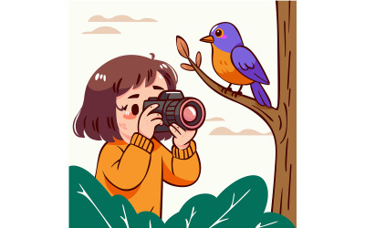 Cartoon Girl Taking Picture of Bird