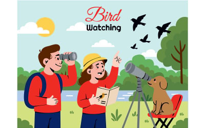 Cartoon of Kids Using Binoculars to Watch Birds