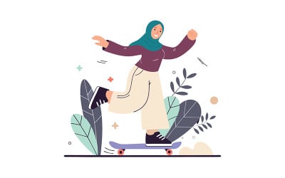Minimalist pastel confident Muslim woman cycling illustration