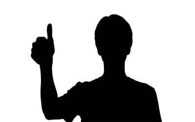 Minimalistische schwarze Silhouette einer Person, die einen Finger in einer Geste hebt, isoliert auf weißem Hintergrund
