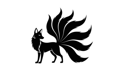 Mystieke zwarte wolf met vurige manen en staart, staand in profiel, geïsoleerd op een witte achtergrond.