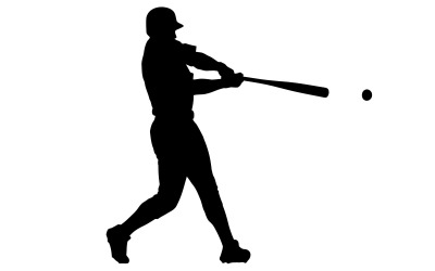 Sagoma di giocatore di baseball che oscilla la mazza al lancio in arrivo durante la partita, isolata su sfondo bianco
