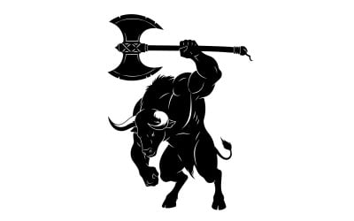 Silhouette di un guerriero che carica un toro con un&amp;#39;ascia da battaglia alzata, isolato su sfondo bianco