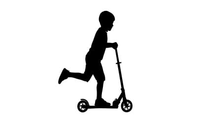 Silhouette eines Kindes auf einem Tretroller vor hellem, isoliertem, weißem Hintergrund