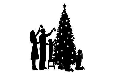 Siluetas familiares decorando alegremente un árbol de Navidad brillante aislado sobre fondo blanco