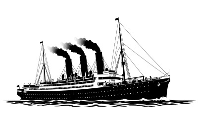 Vintage steamship sailing on ocean waves with four towering funnels isolated on white background