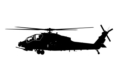 Elicottero da trasporto militare in volo stazionario con pattini di atterraggio estesi, isolato su sfondo bianco