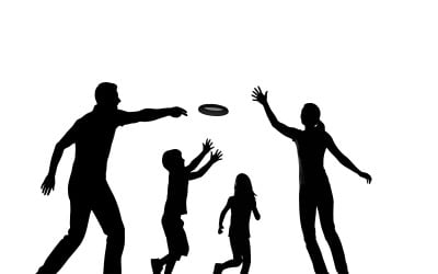 Family enjoying outdoor frisbee game together in silhouette form isolated on white background