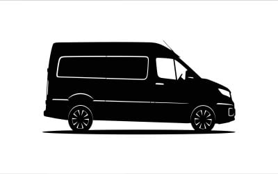 Ilustração de uma moderna van de passageiros preta com design elegante de perfil lateral, isolada em fundo branco.