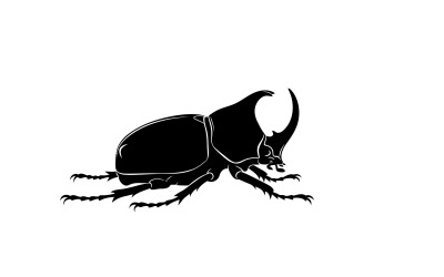 Ilustração vetorial vintage de um besouro-rinoceronte preto detalhado, isolado em fundo branco.