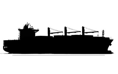 Massive ocean freight vessel with cranes sailing on calm sea horizon isolated on white background