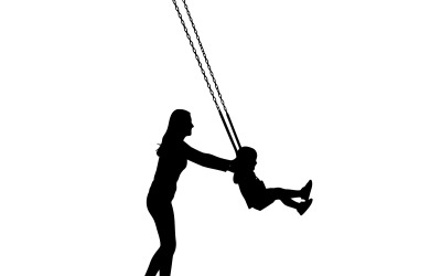 Silhouette di un adulto e di un bambino che si tengono per mano mentre si dondolano in aria, isolati su sfondo bianco