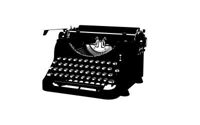 Vintage zwarte handmatige typemachine met bloemmotief en ronde toetsen, geïsoleerd op een witte achtergrond.