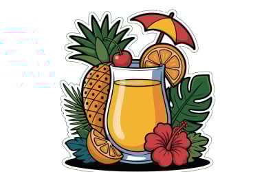 Verre à jus tropical coloré avec ananas, tranche d&amp;#39;orange et cerise.