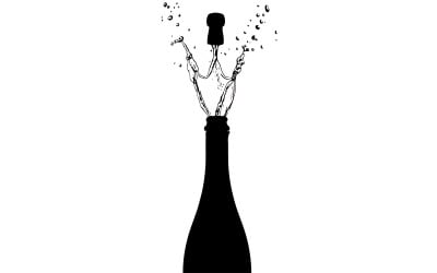 Black champagne bottle silhouette popping cork isolated on white background