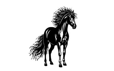 Black silhouette of a horse with flowing mane and tail standing alone isolated on white background
