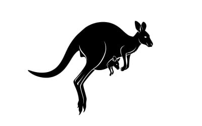 Black silhouette of mother kangaroo carrying joey in natural pose isolated on white background