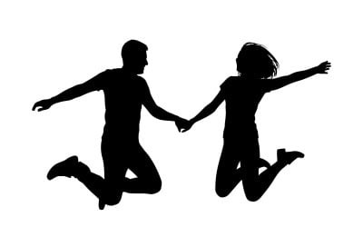 Couple holding hands jumping silhouette black shadow isolated on white background
