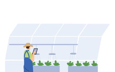 Akıllı Tarım ve Uzaktan Kontrol için Sera Ortamında Tablet Uygulaması Kullanan Çiftçi (IoT) Karikatür İllüstrasyonu