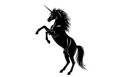 Majestic rearing unicorn silhouette with flowing mane in dramatic isolated on white background