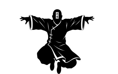 Silhueta de um homem praticando kung fu tradicional chinês, isolada em fundo branco.