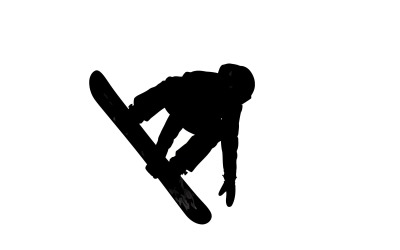 Snowboarder performing a trick in mid-air silhouette isolated on white background