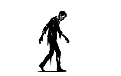 Zombie man silhouette walking alone in darkness isolated on white background
