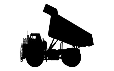 Zwarte silhouet van een grote industriële kiepwagen, geïsoleerd op een witte achtergrond.