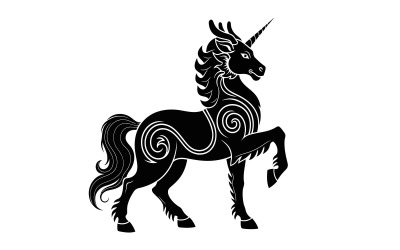 Elegant mythical unicorn illustration with intricate spiral patterns isolated on white background