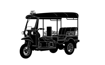 Ilustração vintage de um tuk-tuk de três rodas em design monocromático isolado em fundo branco.