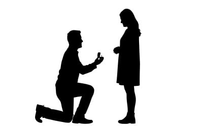 Man kneeling to propose marriage with engagement ring to woman in isolated on white background