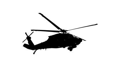Militaire transporthelikopter zwevend in een heldere hemel met dubbele rotor, geïsoleerd op een witte achtergrond.