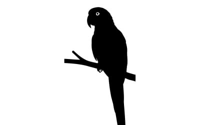 Minimalist black parrot silhouette perched on a slender tree branch isolated on white background