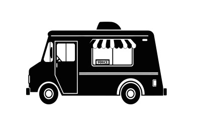 Minimalistische illustratie van een foodtruck met gestreepte luifel en bediening, geïsoleerd op een witte achtergrond.