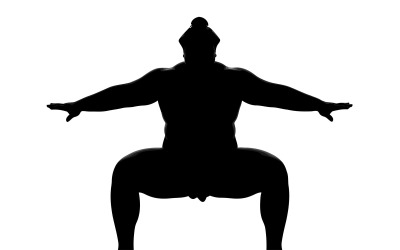 Muscular athlete silhouette performing dynamic arms extended squat isolated on white background