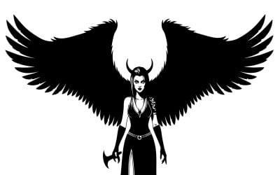 Mysterious gothic woman with demonic wings and scythe illustration isolated on white background