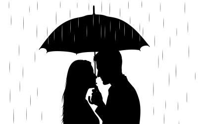 Romantic couple embracing under umbrella during heavy rainfall isolated on white background
