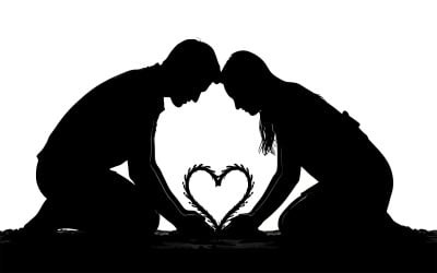 Romantic couple silhouette creating heart shape in monochrome setting isolated on white background