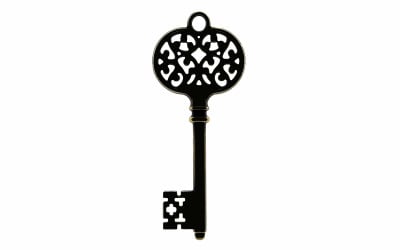 Vintage black metal key with intricate floral cut-out design details isolated on white background