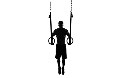Athlete in dynamic ring workout pose during fitness training session isolated on white background