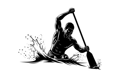Dynamisk svartvit illustration av idrottare som roddar med kraftfull isolerad på vit bakgrund