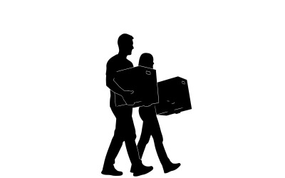 Family moving house together carrying cardboard boxes in silhouette isolated on white background