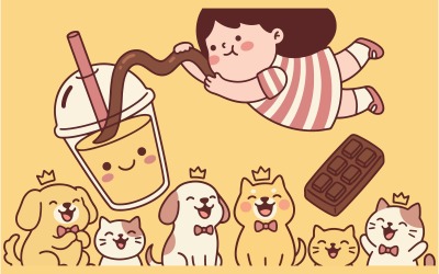 可爱的生活方式插画，描绘了一位女士正在享用冰沙饮品，身边还有宠物，适合作为墙面艺术装饰。