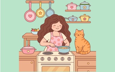 Kitchen Woman And Cat Wall Art Illustration For Home Decor