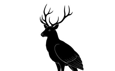 Majestic black deer silhouette with intricate antler details in isolated on white background
