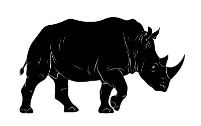 Minimalistische zwarte vectorillustratie van een krachtige neushoorn, geïsoleerd op een witte achtergrond.