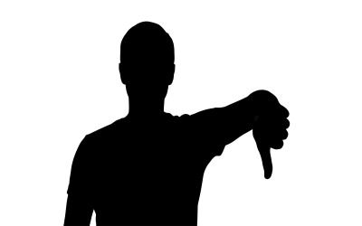 Silhouette of person pointing downward with finger in stark contrast isolated on white background