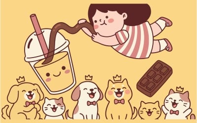 Słodka ilustracja lifestylowa z kobiecym napojem smoothie i zwierzętami na ścianę