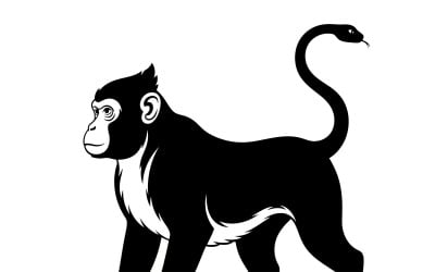 Black silhouette of monkey with snake tail standing isolated on white background
