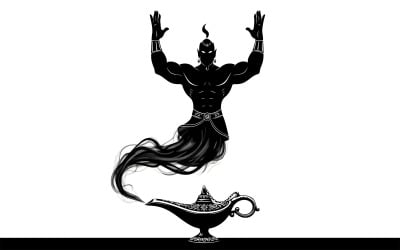 Black silhouette of muscular genie emerging from ornate lamp, hands isolated on white background